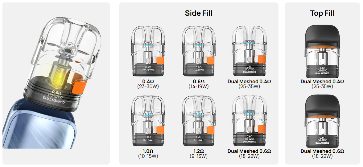 Các loại đầu pod Pixo Aura2 side fill và top fill với các mức coil 0.4 0.6 1.0 1.2 ohm